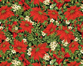 Poinsettia Fabric, Poinsettia Serenade on Black with Gold Metallic Accents Christmas Musical by Benartex Quilting Cotton Fabric 14027M-12B