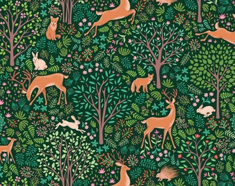 Woodland Animal Fabric, Flora and Fauna Forest on Evergreen by Amanda Murphy for Benartex Contempo Quilting Cotton Fabric 17051B-48