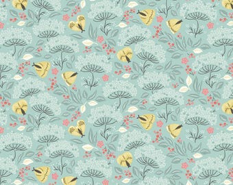 Moth Floral Fabric, Moth Haven on Turquoise Cottage Garden Collection by Kimberly Morgan for Cloud 9 Organic Quilting Cotton Fabric 228026-X