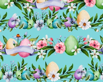 Easter Egg Fabric, Sweet Spring Eggs Stripe on Blue by David Textiles Novelty Cotton Fabric, Easter Eggs with Daisies DX-3891-4C-1