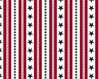 Patriotic Stars and Stripes Fabric, Red Stripes and Blue Stars and Dots on Cream by Henry Glass Quilting Cotton Fabric
