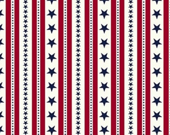 Patriotic Stars and Stripes Fabric, Red Stripes and Blue Stars and Dots on Cream by Henry Glass Quilting Cotton Fabric