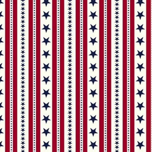 Patriotic Stars and Stripes Fabric, Red Stripes and Blue Stars and Dots on Cream by Henry Glass Quilting Cotton Fabric