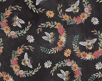 Bee Fabric, Bees with Wreaths on Charcoal Late Summer Harvest Collection by Blank Quilting Cotton Fabric, Floral Bumble Bee Fabric