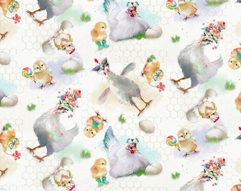 Chicken and Baby Chick Fabric, Welcome to the Funny Farm by 3 Wishes Quilting Cotton Fabric, Connie Haley, Spring Chicken Fabric