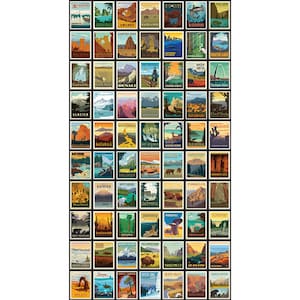 May include: A large rectangular poster featuring a grid of sixty-three individual illustrated panels, each depicting a different United States National Park with its name printed in bold text, showcasing diverse landscapes, wildlife, and landmarks.