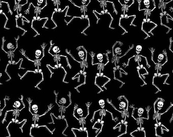 Skeleton Fabric, Halloween Black Dancing Skeleton Stripe Timeless Treasures Quilting Cotton Fabric