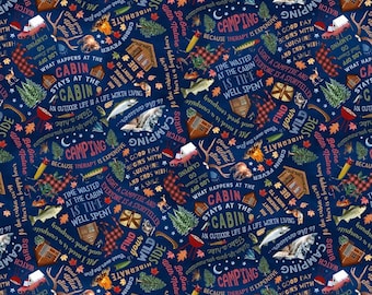 Cabin Life Fabric, Campfire Wisdom from the Cabin Rules Collection by Timeless Treasures Quilting Cotton Fabric, Camping Words