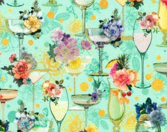 Wine Glass Fabric, White Wine Glasses on Mint Green with Metallic Accents by Robert Kaufman Quilting Cotton Fabric, AINDM2274432