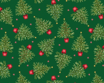 Christmas Tree Fabric, Oh Christmas Tree on Green with Gold Metallic Accents by Lewis and Irene Quilting Cotton Fabric C116.3