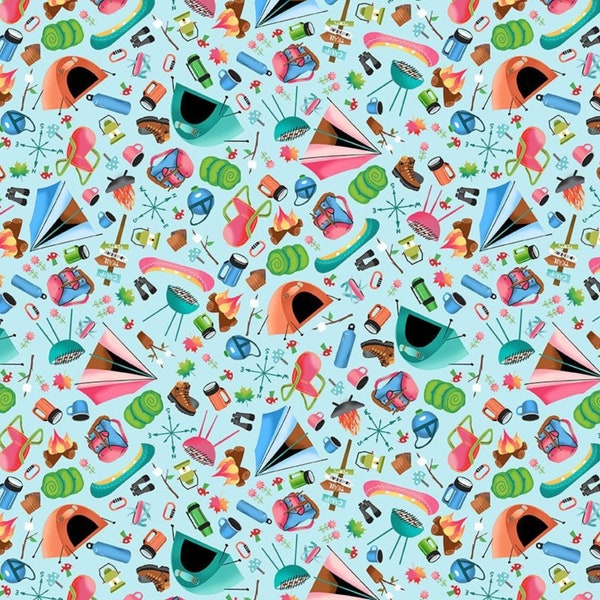 Camping Fabric, Tossed Camping Gear on Light Blue by Gail Cadden for Timeless Treasures Quilting Cotton Fabric, Camp Gear Fabric