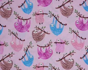 Pink Sloths Just Hanging by Timeless Treasures Quilting Cotton Fabric, Cozy Sloth Fabric