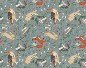 Woodland Animal Fabric, Woodland Cottage Core on Fresca Blue by Jessica Flick for Benartex Quilting Cotton Fabric 16375B-05
