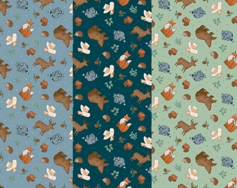 Woodland Animal Flannel Fabric, Camp Woodland Animals Light Blue, Navy or Light Green by Riley Blake Quilting Cotton Flannel Fabric