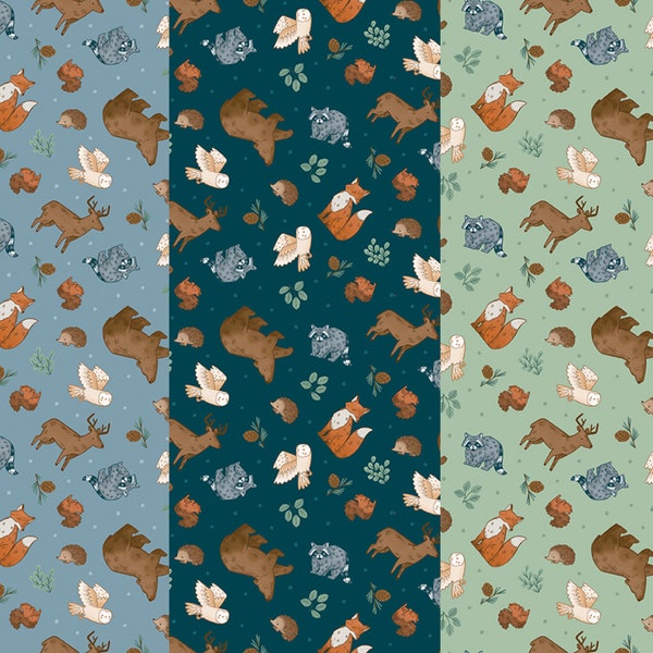 Woodland Animal Flannel Fabric, Camp Woodland Animals Light Blue, Navy or Light Green by Riley Blake Quilting Cotton Flannel Fabric