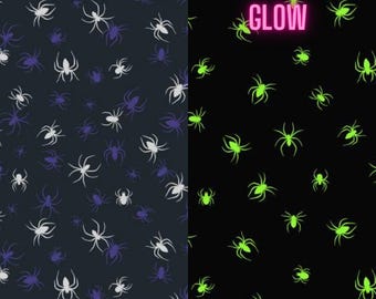 Glow in the dark spiders on black Fabric, Haunted House Glow in the Dark by Lewis & Irene Quilting Cotton Fabric, Halloween Spider Fabric