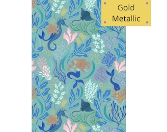 Mermaid Fabric, Jellyfish and Stingray Metallic by Lewis and Irene Quilting Cotton Fabric Moontide, Underwater theme, Ocean, Under the Sea