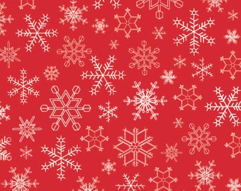 Red Snowflake Fabric, White Snowflakes on Red by My Mind's Eye for Riley Blake Quilting Cotton Fabric, Farmhouse Snowflakes C13457