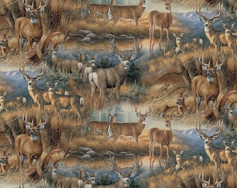 Deer Fabric, Realistic Deer Scene by David Textiles Novelty Cotton Fabric