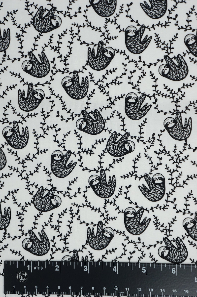 Black and White Sloths By Dear Stella Quilting Cotton Fabric, Small Print Sloths, ST-WG1985WHITE, ABC Menagerie by Wee Gallery Collection image 2