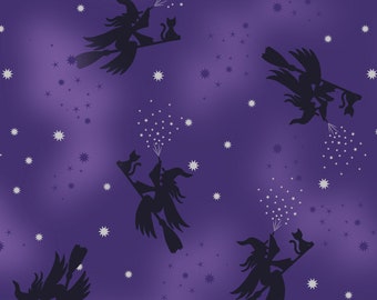 Witch Fabric, Flying Witches on Purple with Silver Metallic Accents by Lewis and Irene Quilting Cotton Fabric