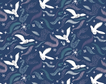 Owl Fabric, Arctic Aura Owl on Midnight Blue by Lewis and Irene Quilting Cotton Fabric, CC29.3