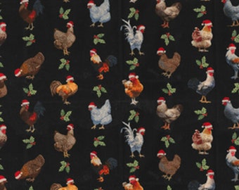 Christmas Chickens Fabric, Christmas Roosters on Black by Fabric Traditions Novelty Cotton Fabric, Holiday Chicken Fabric