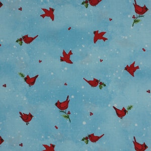 Mini Cardinals with Holly on Blue by Susan Winget from Wilmington Prints Christmas Holiday Quilting Cotton Fabric 39685-437