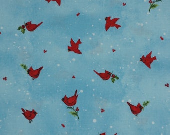 Mini Cardinals with Holly on Blue by Susan Winget from Wilmington Prints Christmas Holiday Quilting Cotton Fabric 39685-437