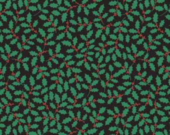 Holly Fabric, Holly Leaves and Berries on Black 12 Days of Christmas Collection by Lewis and Irene Quilting Cotton Fabric