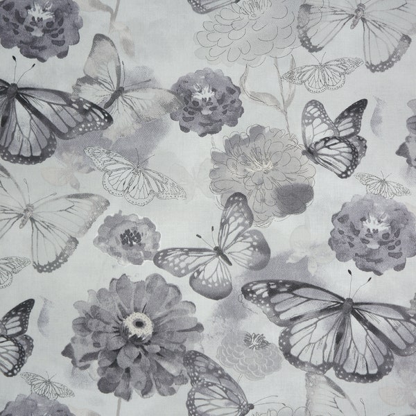 Gray and Black Watercolor Floral Butterfly Quilting Cotton Fabric