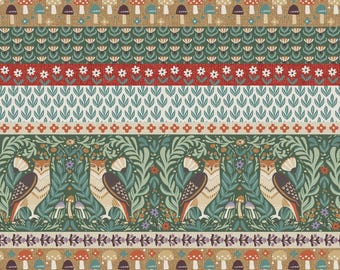 Woodland Animal Fabric, Woodland Cottage Core Border Stripe by Jessica Flick for Benartex Quilting Cotton Fabric 16374B-99