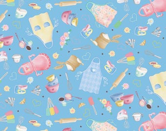 Cooking Fabric, Time to Bake on Blue Gnomebody Bakes it Better by Andi Metz for Kanvas Studio Benartex Quilting Cotton Fabric, 12835B-53