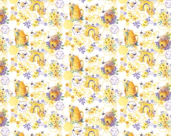 Honey Bee Fabric, Multi Sweet Nectar Welcome to our Hive Collection by Camelot Quilting Cotton Fabric, Puple and Yellow Hexies, Bee Floral