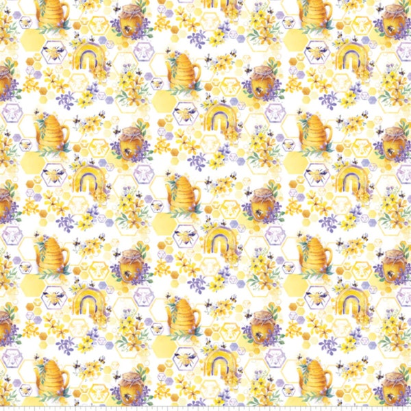 Honey Bee Fabric, Multi Sweet Nectar Welcome to our Hive Collection by Camelot Quilting Cotton Fabric, Puple and Yellow Hexies, Bee Floral