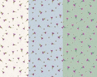 Bee Thistle Fabric, Bee Thistle on Cream, Blue or Sage Green A Celtic Summer by Lewis & Irene Quilting Cotton Fabric A988