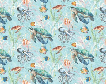 Turtle Fabric, Under the Sea World on Light Turquoise by Skyline Studio for Benartex Traditions Quilting Cotton Fabric, 16529-80B