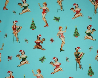 Christmas Darlings on Aqua, Christmas Pinup Girls, Under the Mistletoe by Michael Miller Fabrics Quilting Cotton Fabric