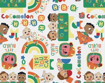 Cocomelon Fabric, Tossed Lets Build Kids on White Licensed by David Textiles Novelty Cotton Fabric, JJ Fabric, Cody and Nina Cocomelon