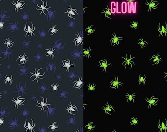 Glow in the dark spiders on black Fabric, Haunted House Glow in the Dark by Lewis & Irene Quilting Cotton Fabric, Halloween Spider Fabric