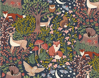 Woodland Animal Fabric, Night Enchanted Under the Canopy Collection by Jennifer Moore for Winham Organic Quilting Cotton Fabric