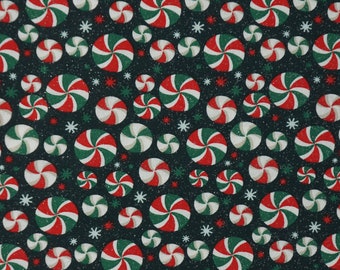 Mini Christmas Glitter Peppermint Swirl Candy on Black Holiday Novelty Cotton Fabric