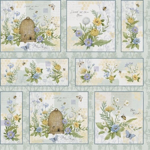 May include: A repeating pattern featuring watercolor illustrations of beehives, bees, butterflies, and flowers in shades of yellow, blue, and green. The text "Sweet as can Bee" and "Bee Kind" are also included.