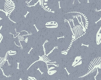 Glow in the Dark Dinosaur Fabric, Dino Glow Fossil Bones on Slate Blue by Lewis & Irene Quilting Cotton Fabric, Dinosaur Nursery Fabric