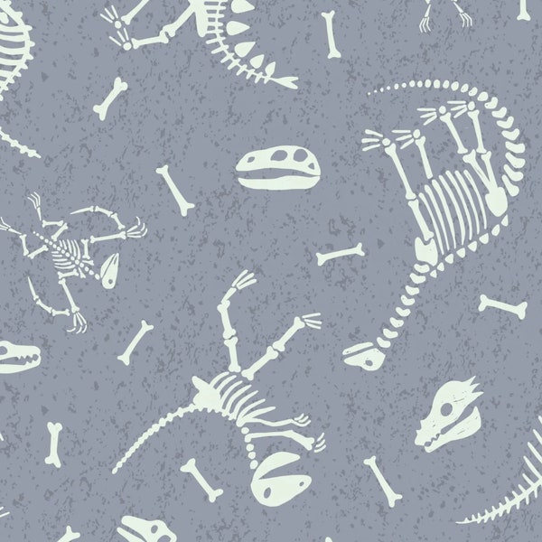 Glow in the Dark Dinosaur Fabric, Dino Glow Fossil Bones on Slate Blue by Lewis & Irene Quilting Cotton Fabric, Dinosaur Nursery Fabric