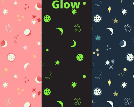 Glow in the Dark Moon and Stars Fabric, Celestial Night Sky on Sundown Pink  and Dark Blue Nursery Quilting Cotton Fabric by Lewis and Irene 