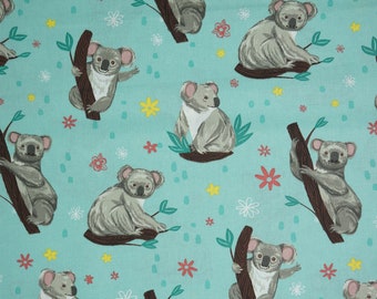Koala Fabric, Cute Koalas on Aqua Novelty Cotton Fabric