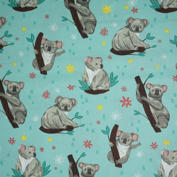 Koala Fabric, Cute Koalas on Aqua Novelty Cotton Fabric