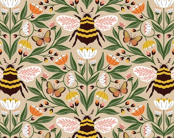 Bee Floral Fabric, Bee-utiful on Tan from the Honey Garden Collection by Juliana Tipton for Cloud 9 Organic Quilting Cotton Fabric 227770-X