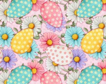 Easter Egg Fabric, Spring Eggs on Pink by David Textiles Novelty Cotton Fabric, Easter Eggs with Daisies DX-3930-4C-2